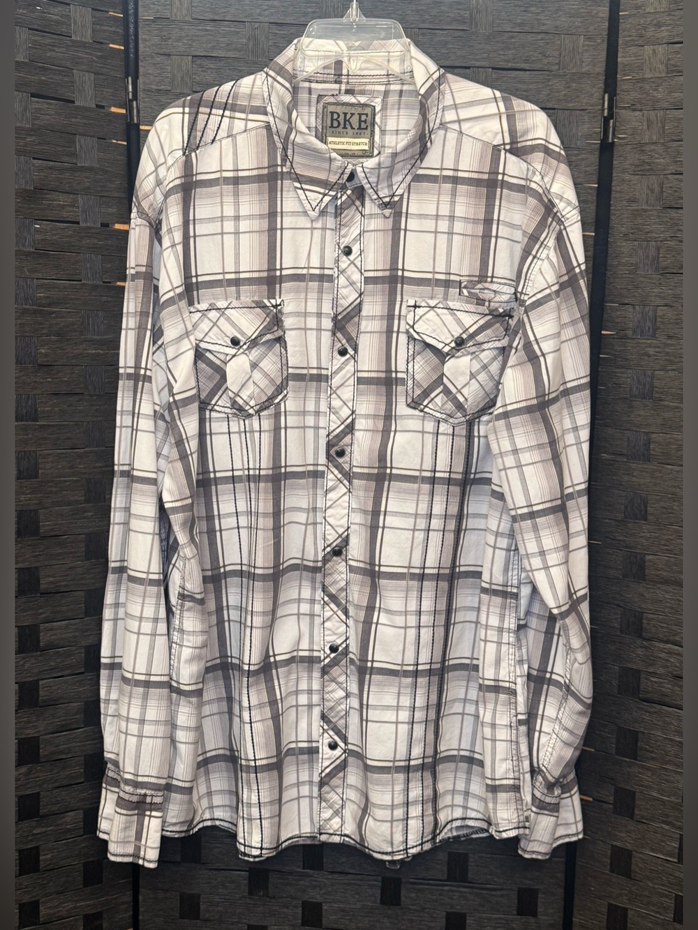 BKE White, Gray and Yellow Plaid Pattern, Contrast stitching, Button-Down shirt